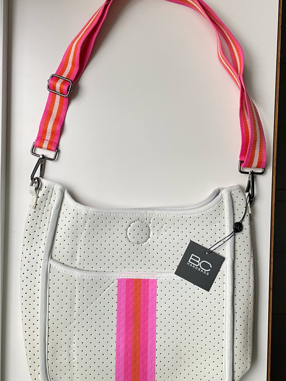 BC Handbags White Perforated Faux Leather Crossbody Pink Orange Stripe Adj Strap